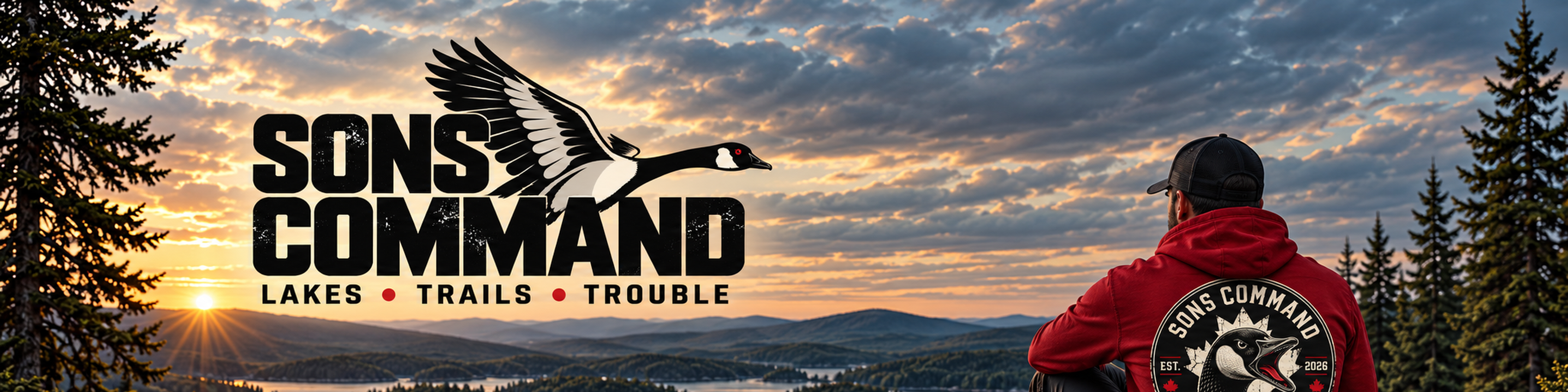 Sons Command — Lakes. Trails. Trouble. Canadian outdoor campaign artwork.